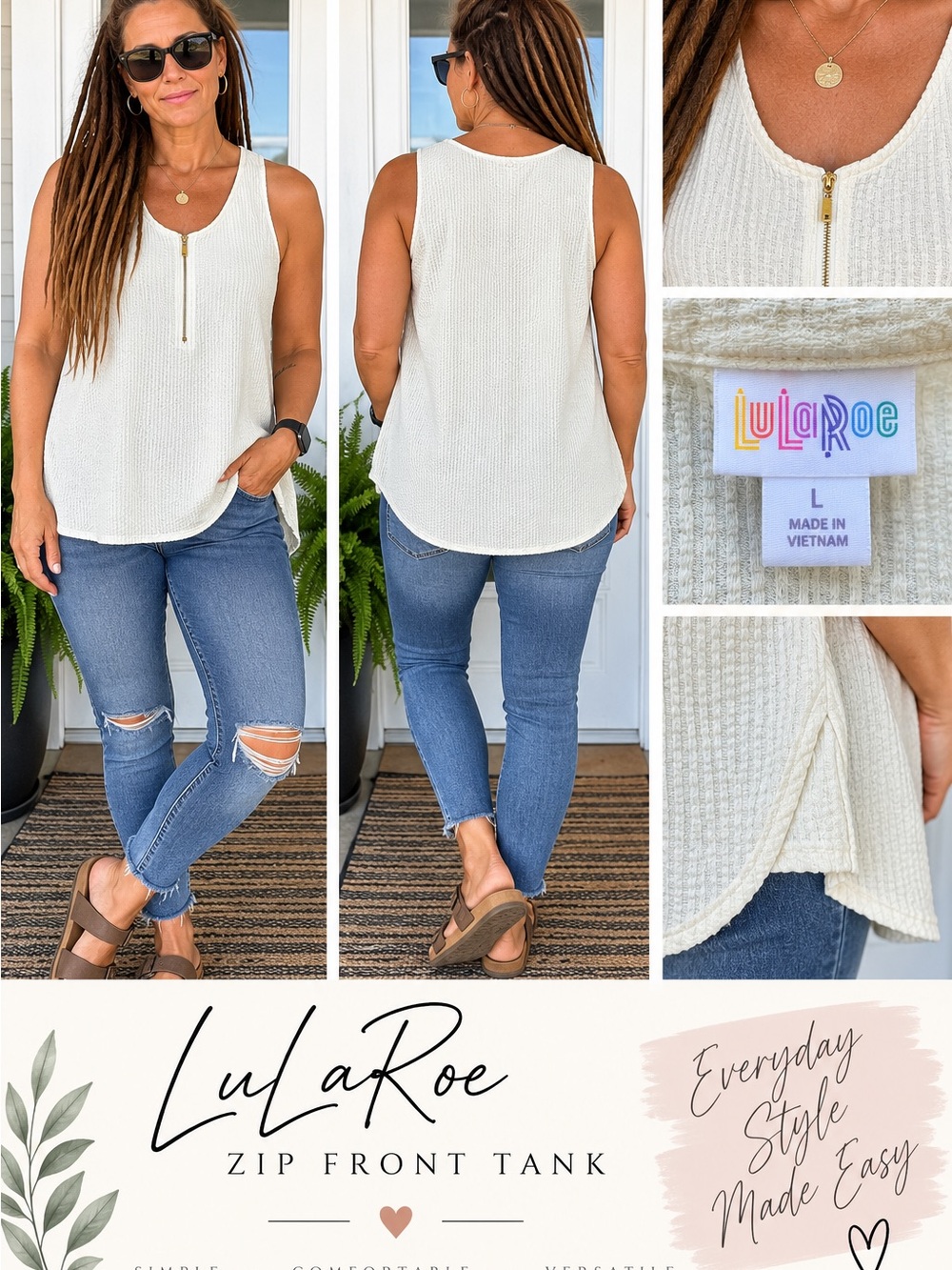 LuLaRoe Cream Waffle Knit Zip-Front Tank